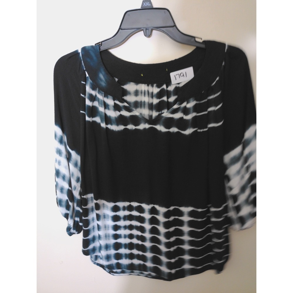 Unbranded Tie Dye Blouse Women Size S Black White Boho V-Neck 3/4 Sleeve